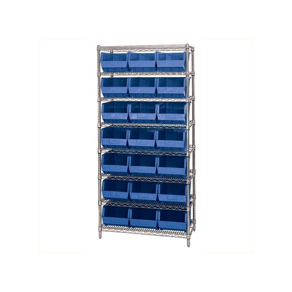 Bsc Preferred 36 x 18 x 74'' - 8 Shelf Wire Shelving Unit with 21 Blue Bins WSBQ225B - main